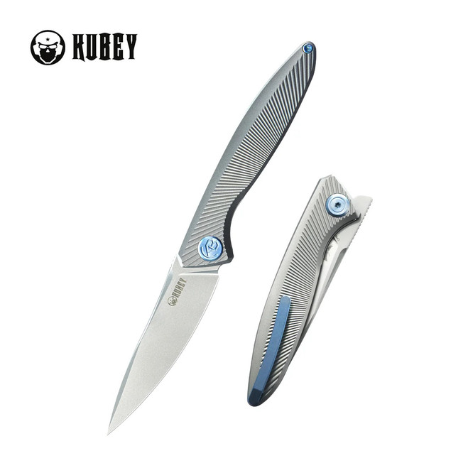 Kubey Pike Folding Knife Gray Titanium Handle 20CV Drop Point Plain Edge Sand Blast Finish KB2103A