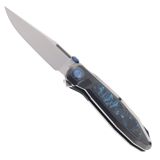 Ketuo Bratva Folding Knife Black DLC Titanium/Blue Marble Carbon Fiber Handle M390 Plain Edge Satin Finish Bratva DLC/S