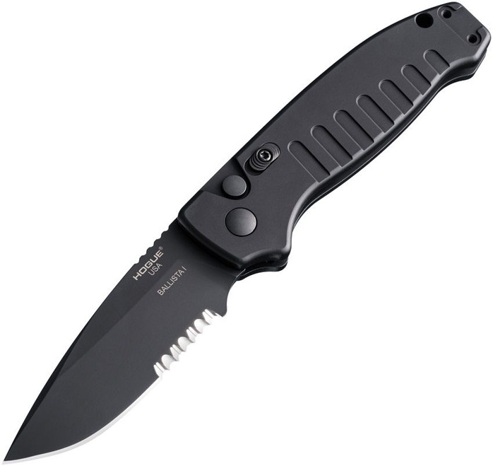 Hogue Ballista Side Opening Automatic Folding Knife 6061-T6 Hard Anodized Aluminum with Fluted Texture Handle Black Cerakote 154CM Drop Point Partial Serrated Blade 64139