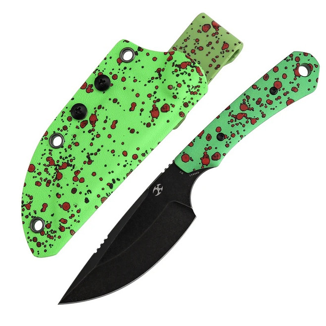 Kansept Flank Fixed Blade Knife Zombie Blood Print Aluminum Handle D2 Drop Point Plain Edge Blackwash Finish G006A7