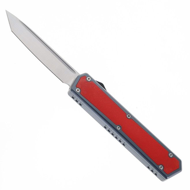 No Limit Knives OTF Automatic Knife Red G10 and Gray Aluminum Handle 3.46" 12C27 Tanto Satin Blade