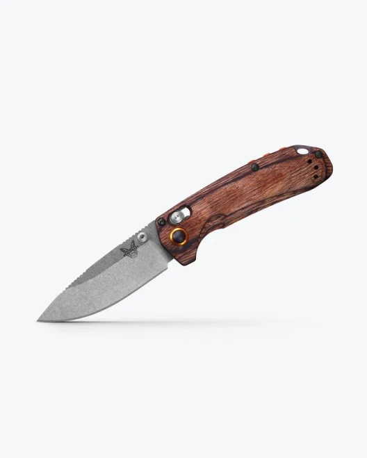 (From Collection-Used) Benchmade North Fork Axis Lock Folding Knife Dark Brown Stabilized Wood Handle S30V Stonewashed Drop Point Blade 15032