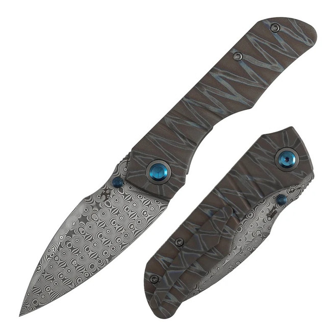 Kansept Mini Lanza Folding Knife Tiger Stripe Titanium Handle Damascus Drop Point Plain Edge K1116A4
