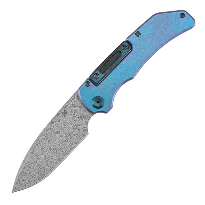 Kansept Hazard Bali Lock Folding Knife Crystallized Titanium/Arctic Storm Fatcarbon Handle Damascus Drop Point Plain Edge K1104H5