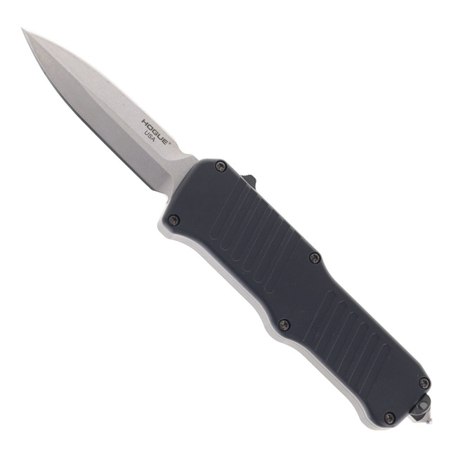 Hogue Mini Incursion OTF Automatic Knife 3.1" Double Edge Stone Tumbled Blade Matte Black Aluminum Handle 54070