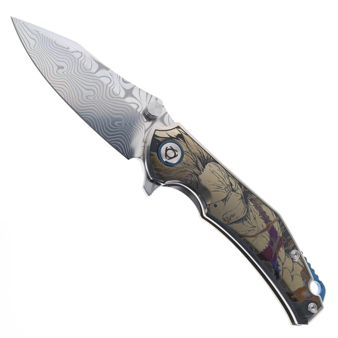 SixLeaf Folding Knife Silver Titanium/Mother of Pearl Handle Damascus Plain Edge Dragon Scale Blade Finish SL-106-6-Dragon