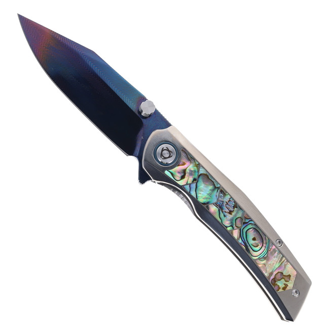 SixLeaf Folding Knife Silver Titanium/Mother of Pearl Handle Damascus Plain Edge Dragon Scale Blade Finish SL-106-6-Dragon