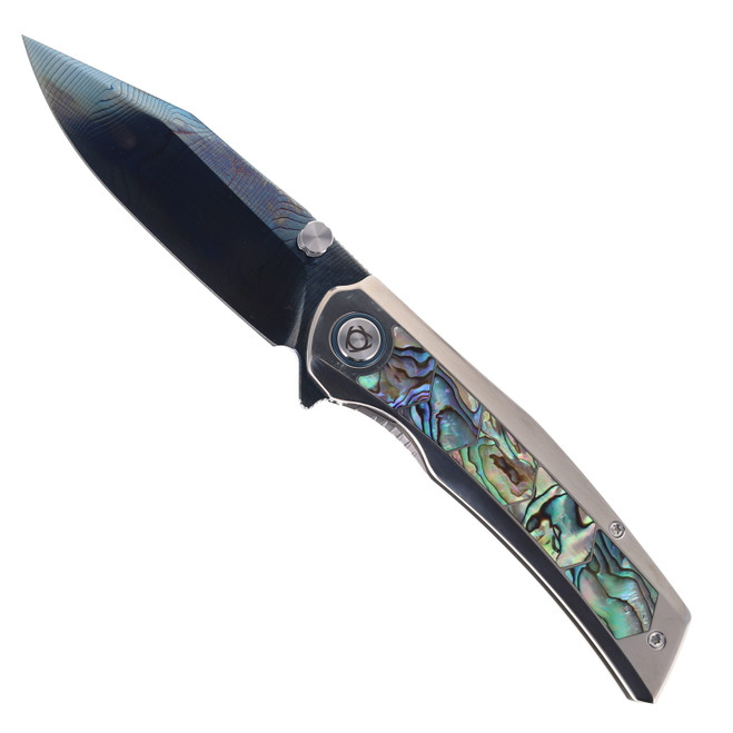 SixLeaf Folding Knife Silver Titanium/Mother of Pearl Handle Damascus Plain Edge Dragon Scale Blade Finish SL-106-8-Dragon