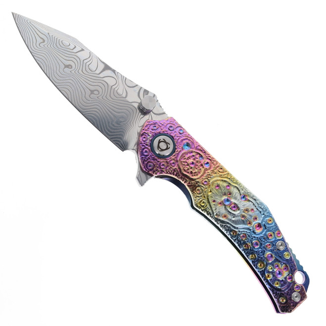 SixLeaf Flipper Folding Knife Damascus Blade Multi Color Titanium Handle SL-73-7