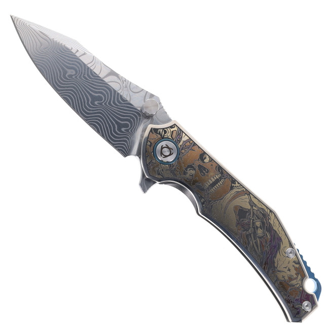 SixLeaf Flipper Folding Knife Damascus Blade Skull Titanium Handle SL-73-8