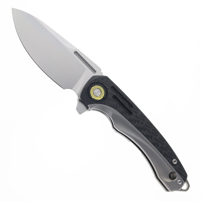 TwoSun Folding Knife Carbon Fiber/Gray Titanium Handle 14C28N Plain Edge Stonewash Finish TS530-14C28N