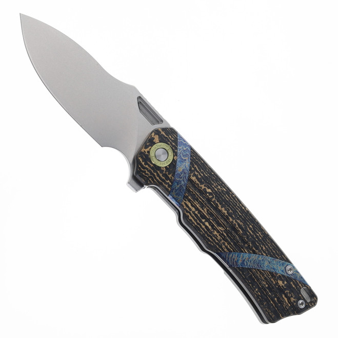 TwoSun Folding Knife Carbon Fiber/Titanium Handle M390 Plain Edge Stonewash Finish TS513-M390-Gold-CF