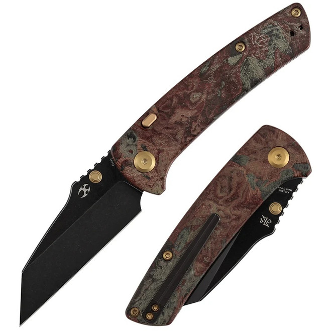 Kansept Main Street Folding Knife Red Rag Burl Micarta Handle Elmax Wharncliffe Plain Edge Blackwash Finish K1015H1