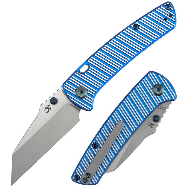 Kansept Main Street Folding Knife Blue/Natural Aluminum Striped Handle Elmax Plain Edge Stonewash Finish K1015H3