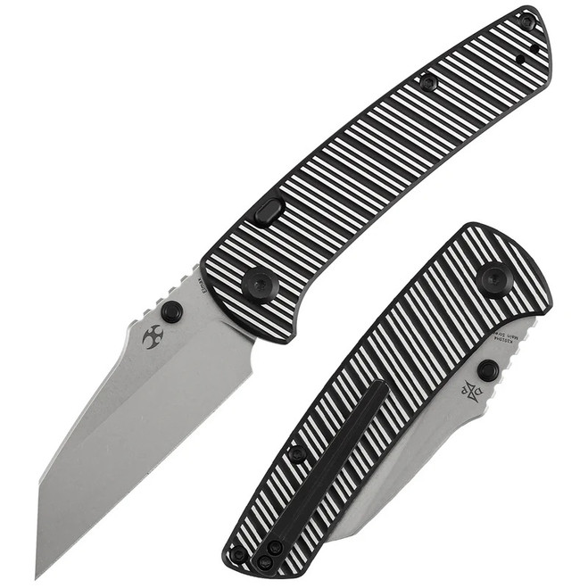 Kansept Main Street Folding Knife Black/Plain Aluminum Striped Handle Elmax Plain Edge Stonewash Finish K1015H4