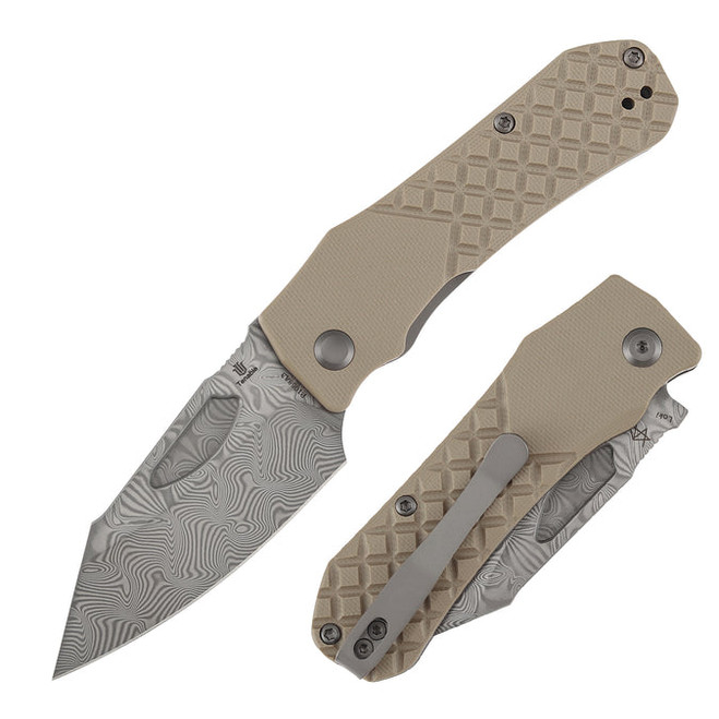 Tenable Loki Folding Knife Tan G10 Handle Water Ripple Damascus Wharncliffe Plain Edge B1058A3