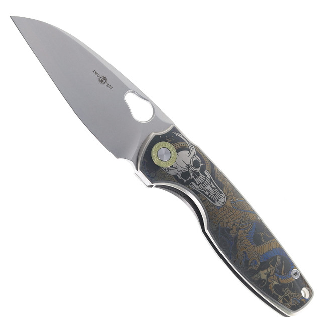 TwoSun Folding Knife Engraved Dragon Titanium/Carbon Fiber Handle M390 Drop Point Plain Edge TS129-M390-Engraved-Dragon