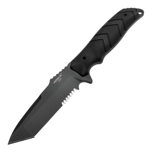 Hogue Fixed Blade Knife Black OverMolded Rubber Handle CPM 154 Tanto Partially Serrated Edge Black Cerakote Finish 55349
