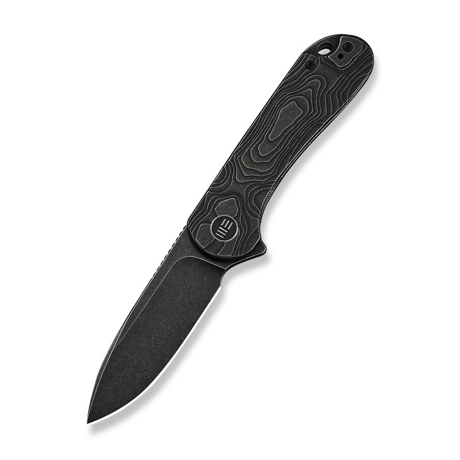 WE Knife Elementum Folding Knife Black Topographic Titanium Handle MagnaCut Drop Point Plain Edge Black Stonewash Finish WE18062XA-1