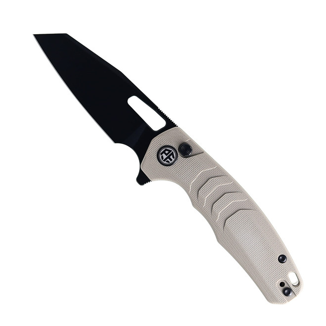 (Open Box) Returned Petrified Fish Trilobite Button Lock Foliding Knife Khaki G10 Handle 14C28N Plain Black Blade PF-E17KDW