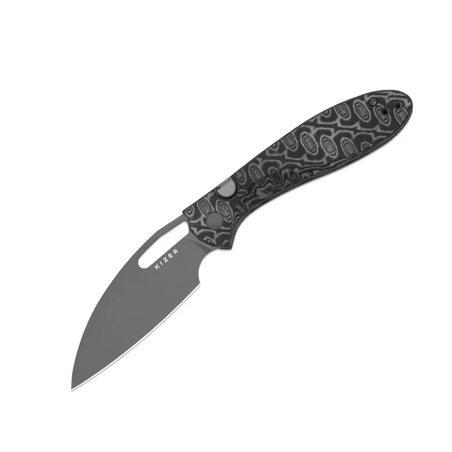 (Off Center) Returned  Kizer Masu Folding Knife Gray/Black Vortex Pattern Micarta Handle 14C28N Plain Edge Gray PVD Finish V3697A2