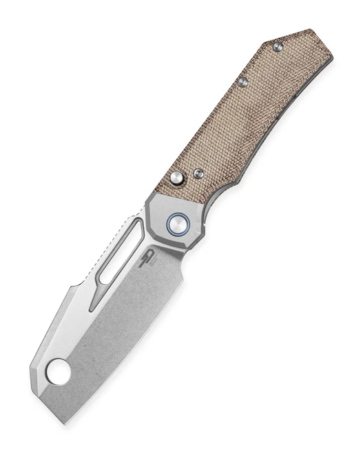 Bestech Nyrrdreki Folding Knife Natural Canvas Micarta/Titanium Handle M390 Cleaver Plain Edge Stonewash Finish BT2607A