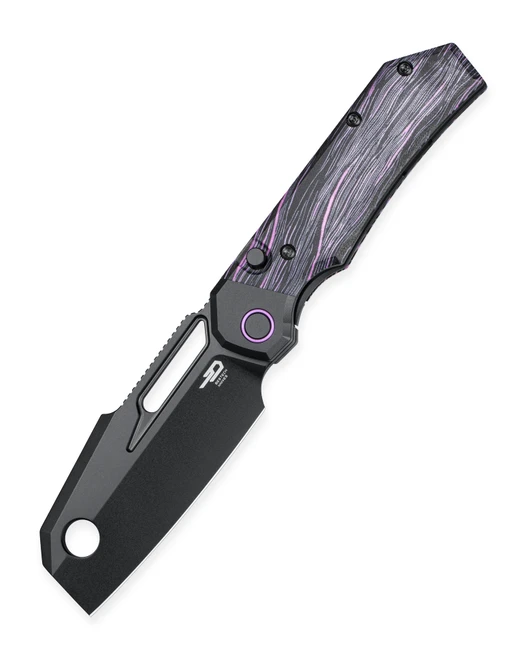 Bestech Nyrrdreki Folding Knife Black/Purple Side Cut G10/Black PVD Titanium Handle M390 Cleaver Plain Edge Black PVD Finish BT2607B