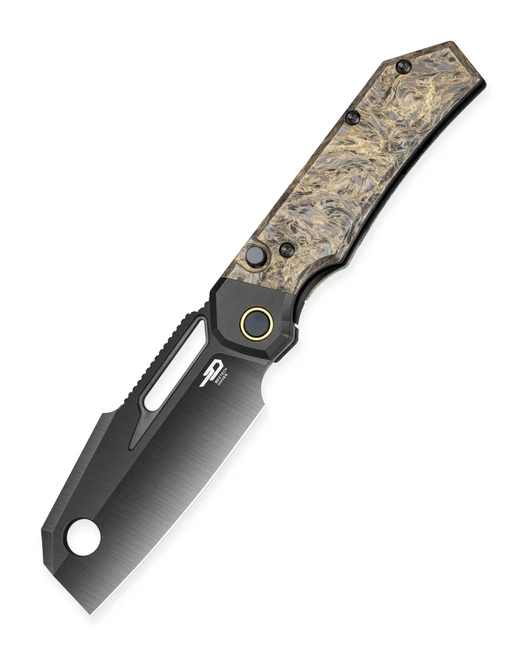 Bestech Nyrrdreki Folding Knife Dark Matter Gold Fatcarbon/Black PVD Titanium Handle M390 Cleaver Plain Edge Machine Satin DLC Finish BT2607D