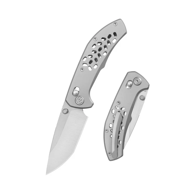 KB Trillium Folding Knife Grey Ti Handle M390 Drop Point Plain Edg Belt Satin Finish KB326A