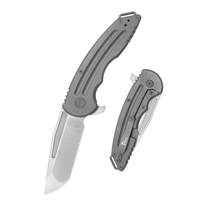 KB Husky Tactical Flipper Folding Knife Darkwash Titanium Handle 20CV Plain Edge Belt Satin Finish KB476B