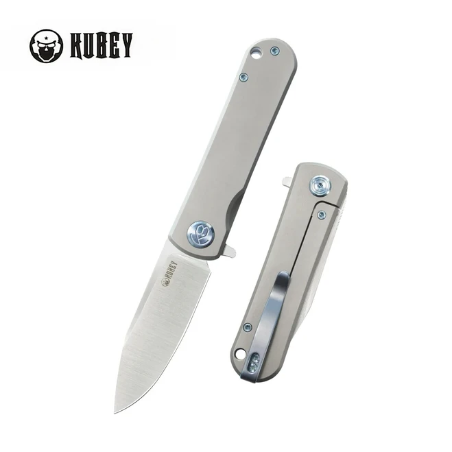 Kubey NEO Folding Knife Grey Titanium Handle S35VN Plain Edge Belt Satin Finish KB359A