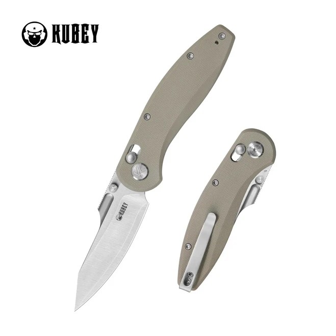 Kubey Minor Folding Knife Tan G10 Handle San Mai M2 Plain Edge Satin Finish KU422B