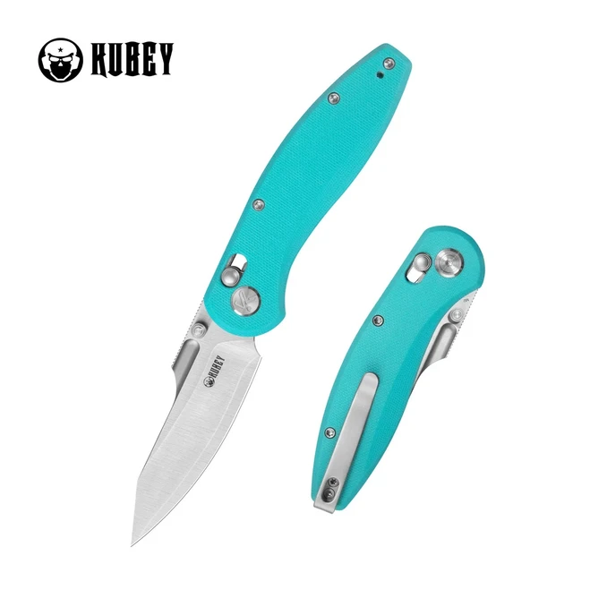 Kubey Minor Folding Knife Bright Blue G10 Handle San Mai M2 Plain Edge Satin Finish KU422C