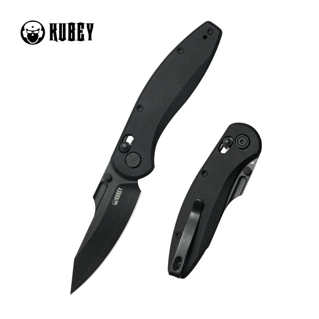 Kubey Minor Folding Knife Black G10 Handle San Mai M2 Plain Edge Blackwash Finish KU422D