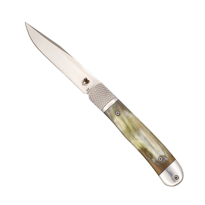 Cobratec Trapper Hidden Release Side Opening Automatic Knife Golden Horn Handle Satin D2 Blade CTTHRGDH
