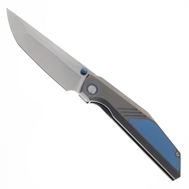 Ketuo Raijin Folding Knife Blue Ti Handle M390 Plain Bead Blast Raijin BL/P