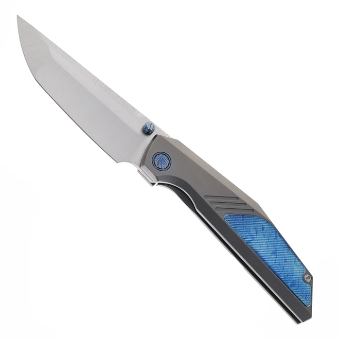 Ketuo Raijin Folding Knife Titanium/Blue Timascus Inlay Handle M390 Plain Edge Satin Finish Raijin BL/S
