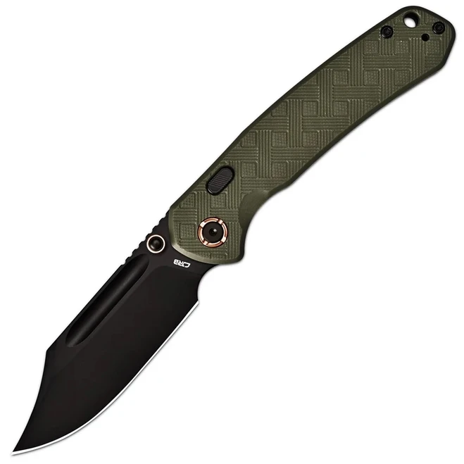 CJRB Bowie Pyrite Folding Knife Green Textured G10 Handle AR-RPM9 Clip Point Plain Edge Black PVD Finish J1942X-BGN