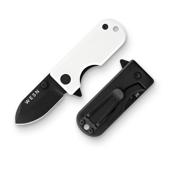 WESN Microblade Folding Knife White G10/Titanium Handle D2 Drop Point Plain Edge Black Finish WESN01-62