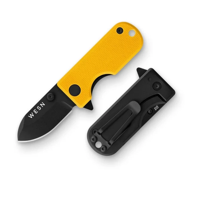 WESN Microblade Folding Knife Mustard Yellow G10/Titanium Handle D2 Drop Point Plain Edge Black Finish WESN01-63