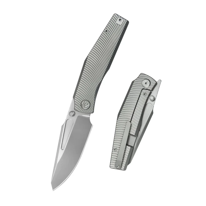 KB Illusion Folding Knife Grey Titanium Handle M390 Tanto Plain Edge Silver Bead Blast Finish KB443A