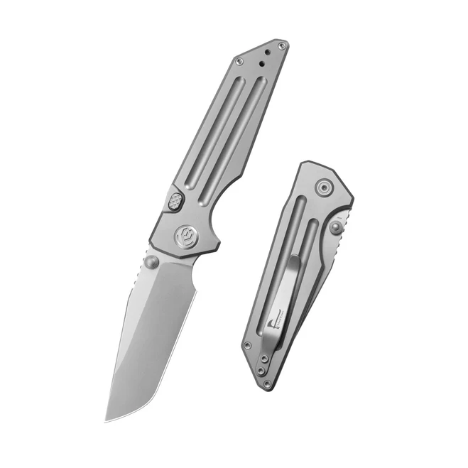 KB Relentless Folding Knife Flame Anodized Titanium Handle M390 Tanto Point Plain Edge Silver Bead Blast Finish KB462F