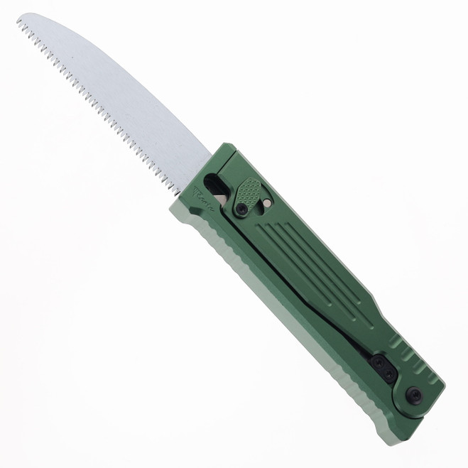 Reate Exo Performance Gravity Knife Green Stripe Pattern Double Blade Nitro-V Stonewashed Plain Edge Satin Serrated