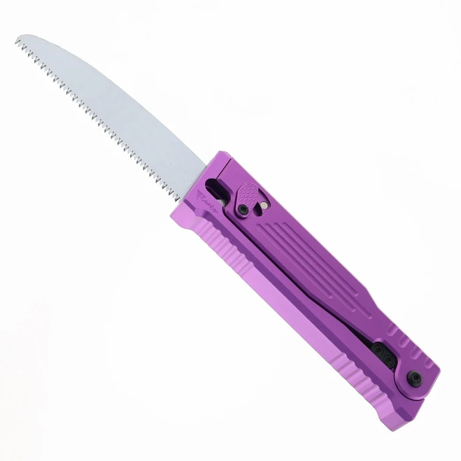 Reate Exo Performance Gravity Knife Purple Stripe pattern Double Blade Nitro-V Stonewashed Plain Edge Satin Serrated
