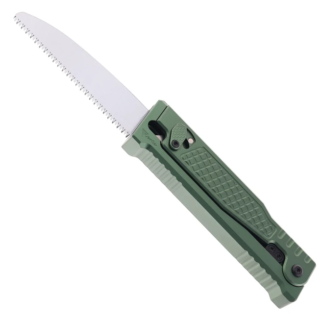 Reate Exo Performance Gravity Knife Green Diamond Pattern Double Blade Nitro-V Stonewashed Plain Edge Satin Serrated