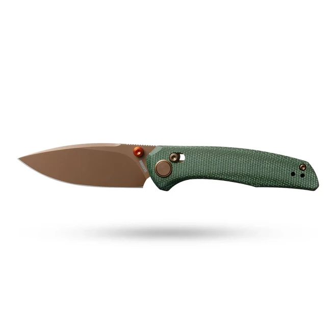 Olitans Knives Avis G079 Folding Knife Brown Micarta Handle 14C28N Drop Point Plain Edge Rose Gold PVD Finish