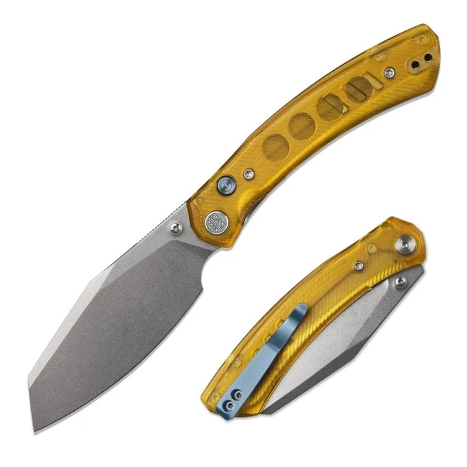 (Crack on Scale) Open Box/Returned M Miguron Karok Folding Knife Yellow PEI Handle D2 Sheepsfoot Plain Edge Stonewash Finish MGR827PEI