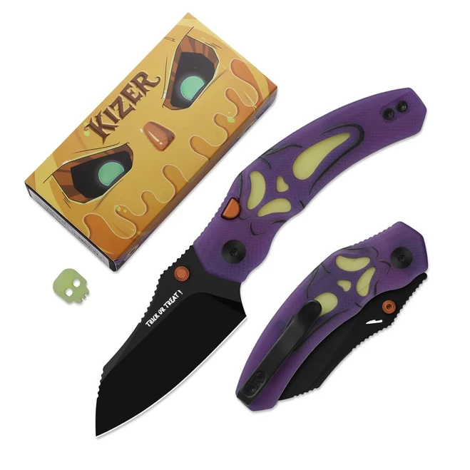 Kizer Mini Bulldog Halloween Folding Knife Purple/Yellow GID G10/Acrylic Handle Nitro-V Sheepsfoot Plain Edge Black PVD Finish V3672SBDHW1