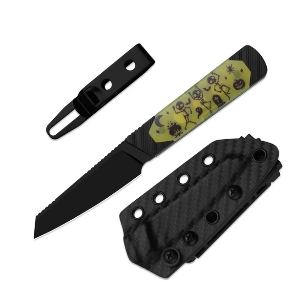 Kizer Hallow Fixed Blade Knife Black/Yellow Aluminum/GID G10 Handle CPM 10V Reverse Tanto Plain Edge Black Coated Finish 1123HW1