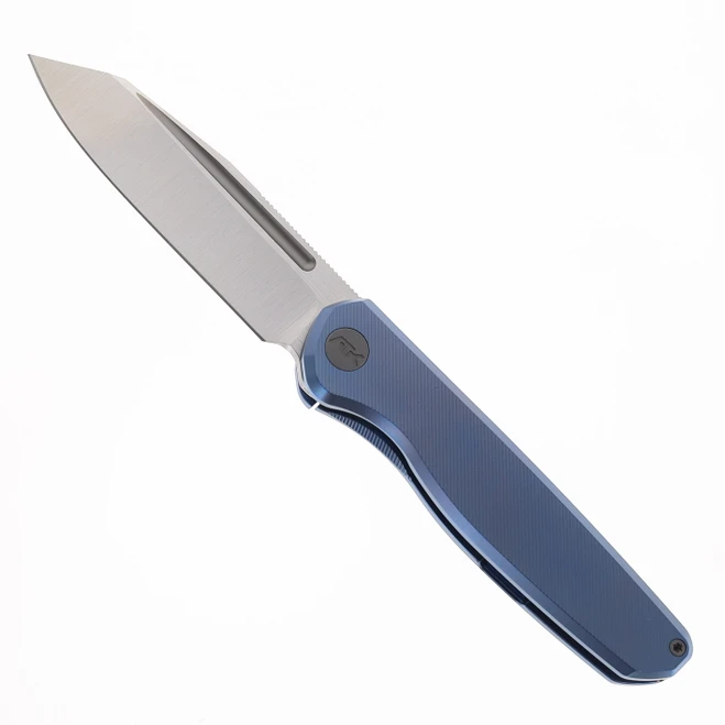 ATK The Catalyst Folding Knife Blue Anodized Titanium Handle S90V Drop Point Plain Edge Belt Satin Finish